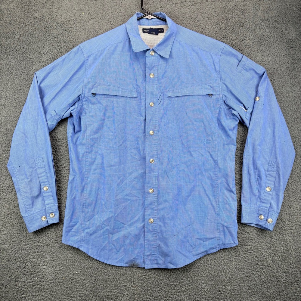 EXOFFICIO Mens L G Blue Button Up Long Sleeve Travel Outdoor Shirt